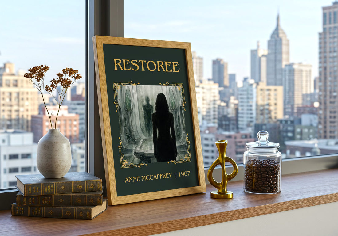 Restoree Classic Book Art Print by Anne McCaffrey – framed print on a city-view windowsill