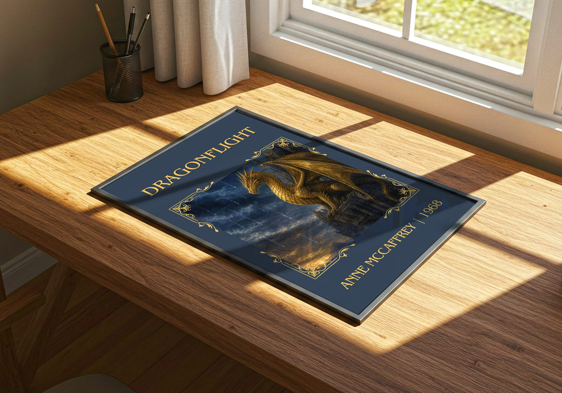 Dragonflight Classic Book Art Print by Anne McCaffrey – print on a sunlit desk