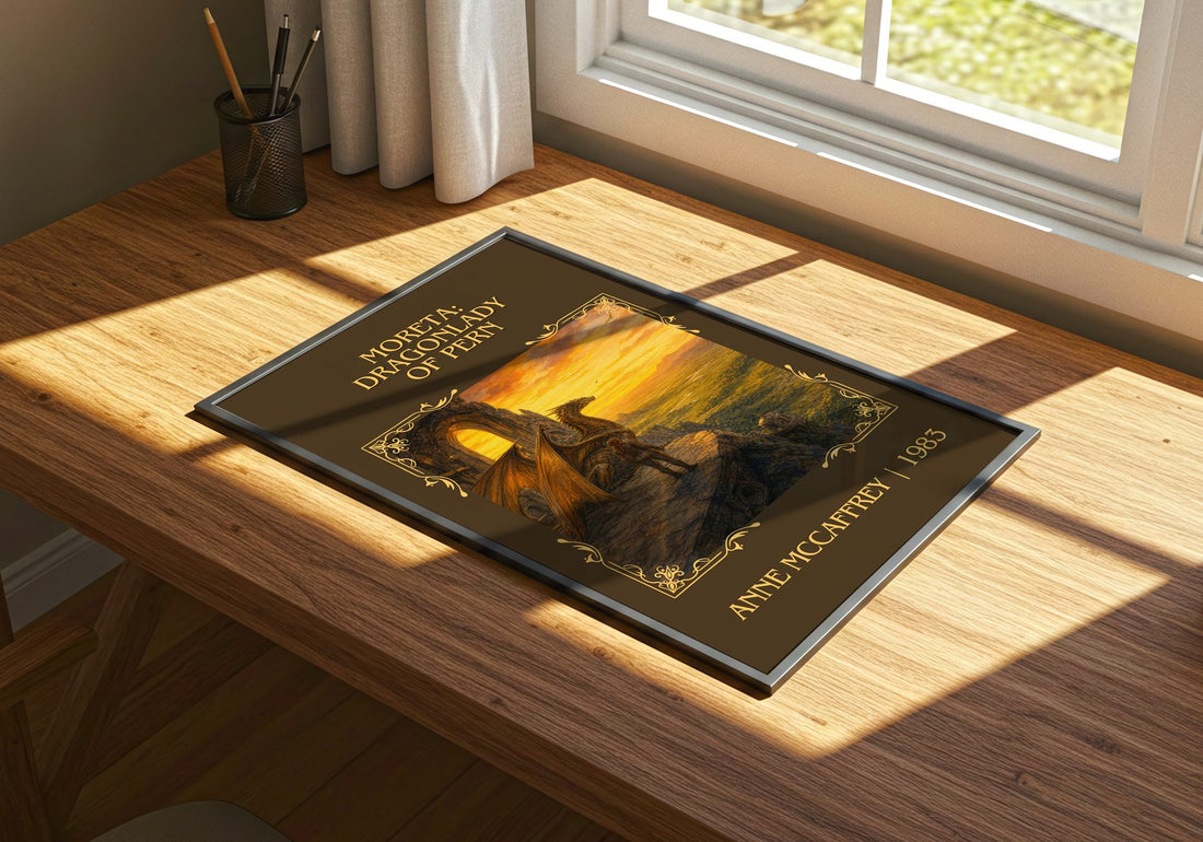 Moreta: Dragonlady of Pern Classic Book Art Print by Anne McCaffrey – print on a sunlit desk