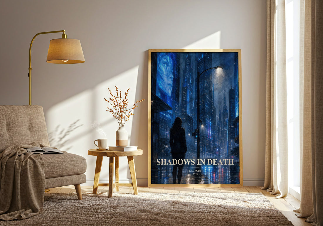 Shadows In Death watercolour print in frame leaning in hallway – crime wall art (mockup)