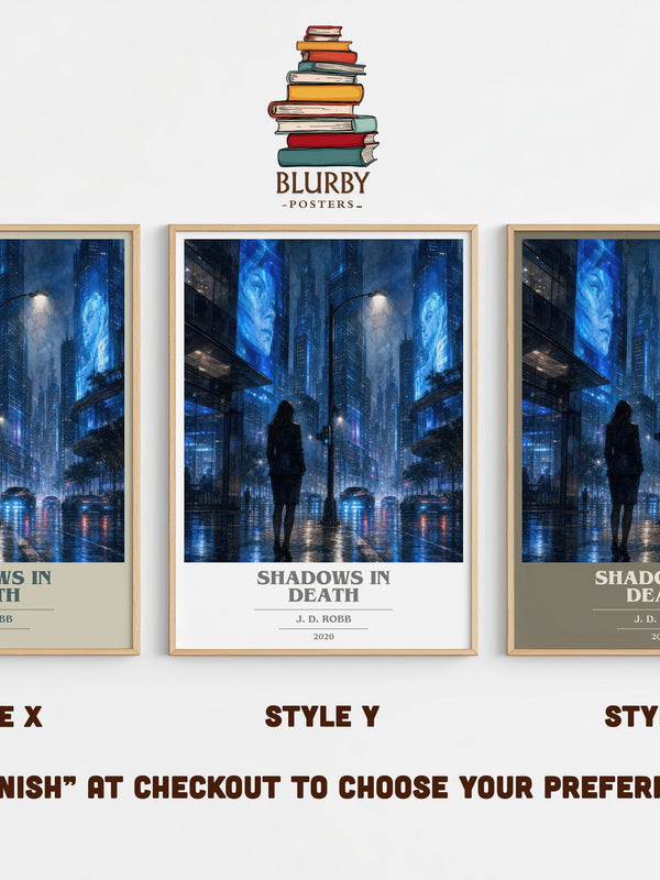Shadows In Death book cover print in frame leaning in hallway – crime wall art