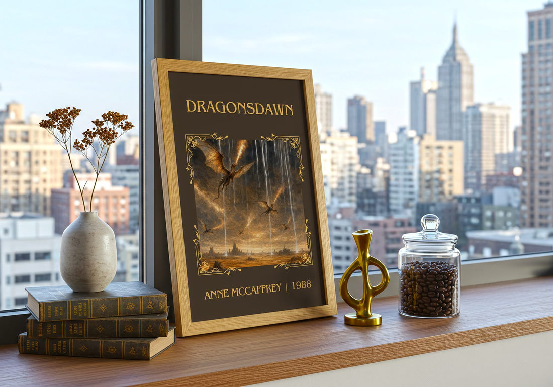 Dragonsdawn Classic Book Art Print by Anne McCaffrey – framed print on a city-view windowsill
