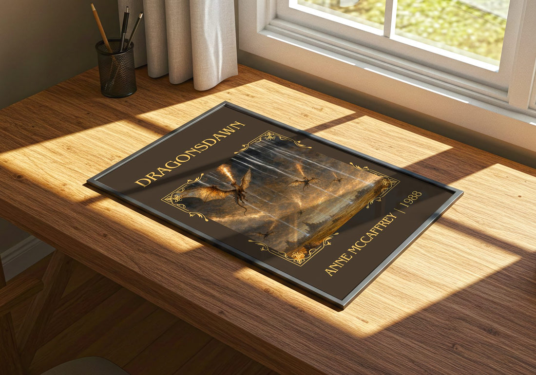 Dragonsdawn Classic Book Art Print by Anne McCaffrey – print on a sunlit desk