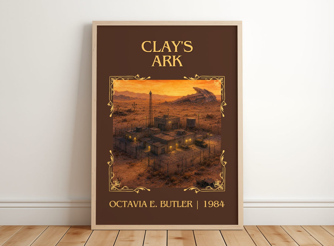 Clay's Ark Classic Book Art Print by Octavia E. Butler – framed print leaning on a wooden floor