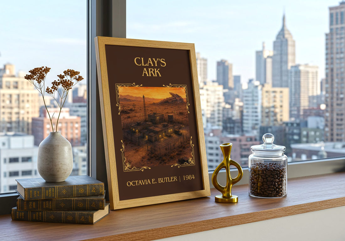Clay's Ark Classic Book Art Print by Octavia E. Butler – framed print on a city-view windowsill