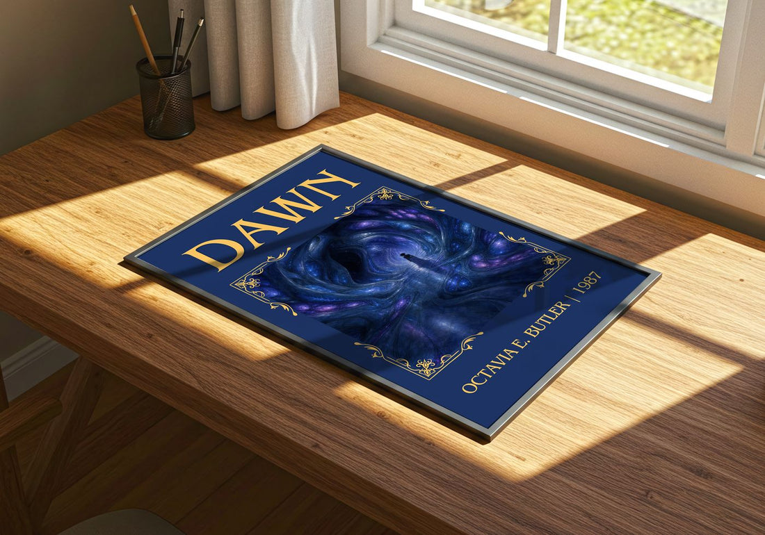 Dawn Classic Book Art Print by Octavia E. Butler – print on a sunlit desk