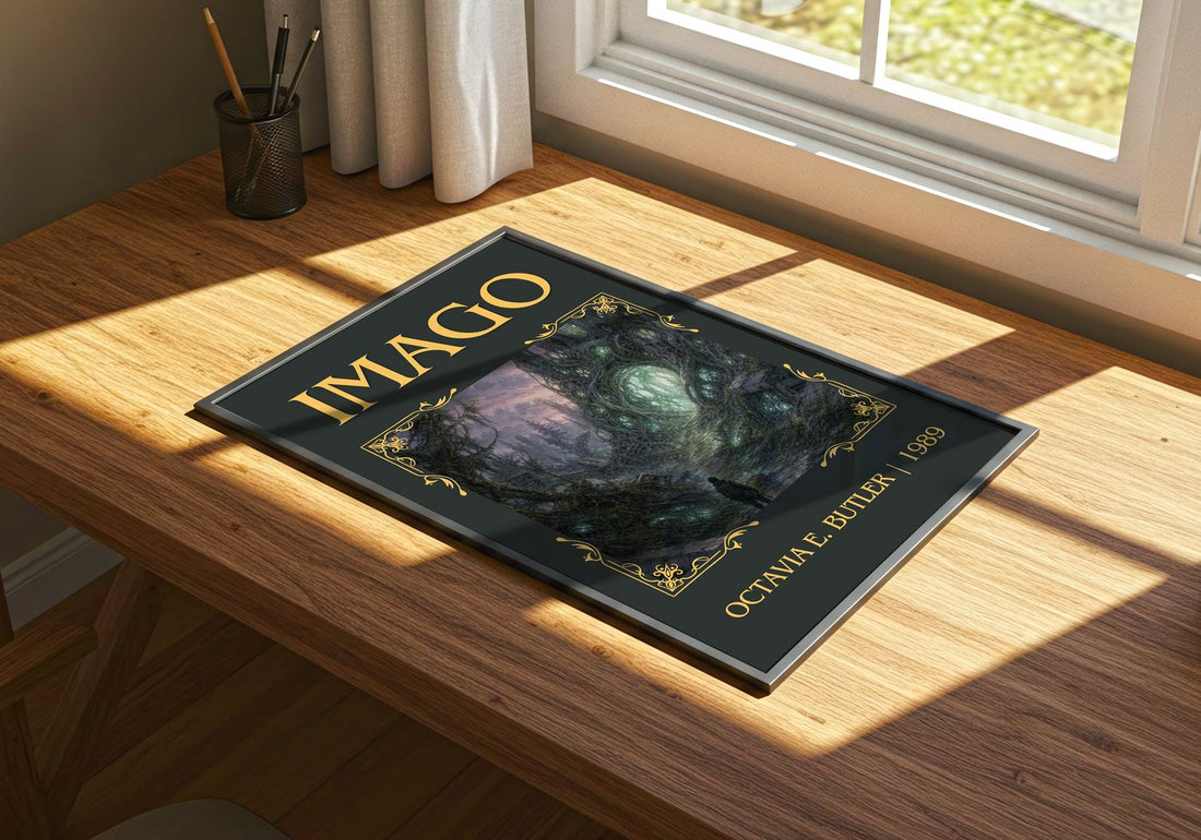 Imago Classic Book Art Print by Octavia E. Butler – print on a sunlit desk