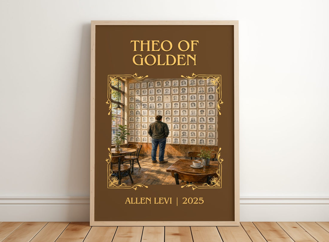 Theo of Golden Classic Book Art Print by Allen Levi – framed print leaning on a wooden floor