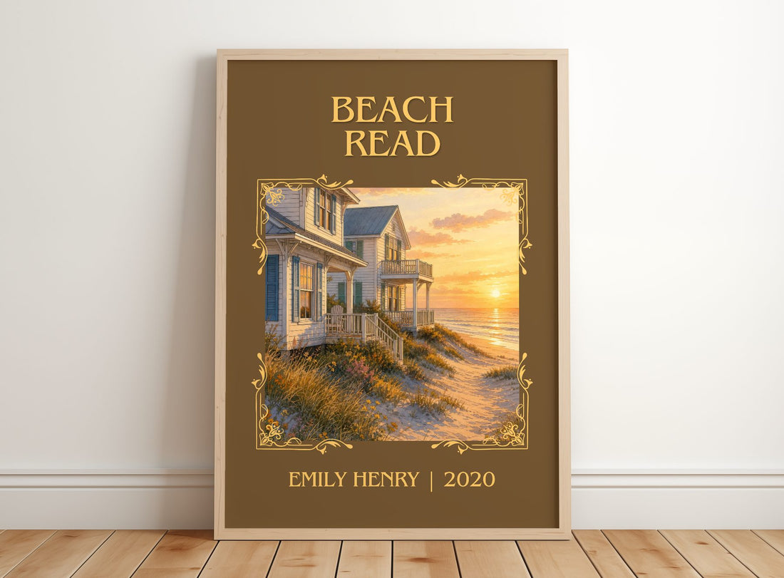 Beach Read Classic Book Art Print by Emily Henry – framed print leaning on a wooden floor