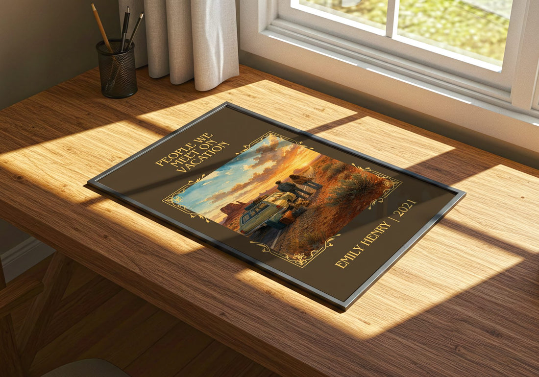 People We Meet on Vacation Classic Book Art Print by Emily Henry – print on a sunlit desk