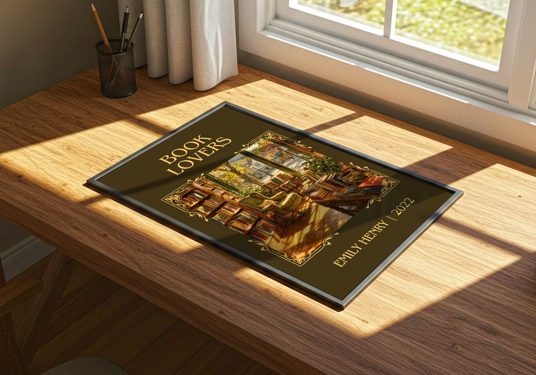 Book Lovers Classic Book Art Print by Emily Henry – print on a sunlit desk
