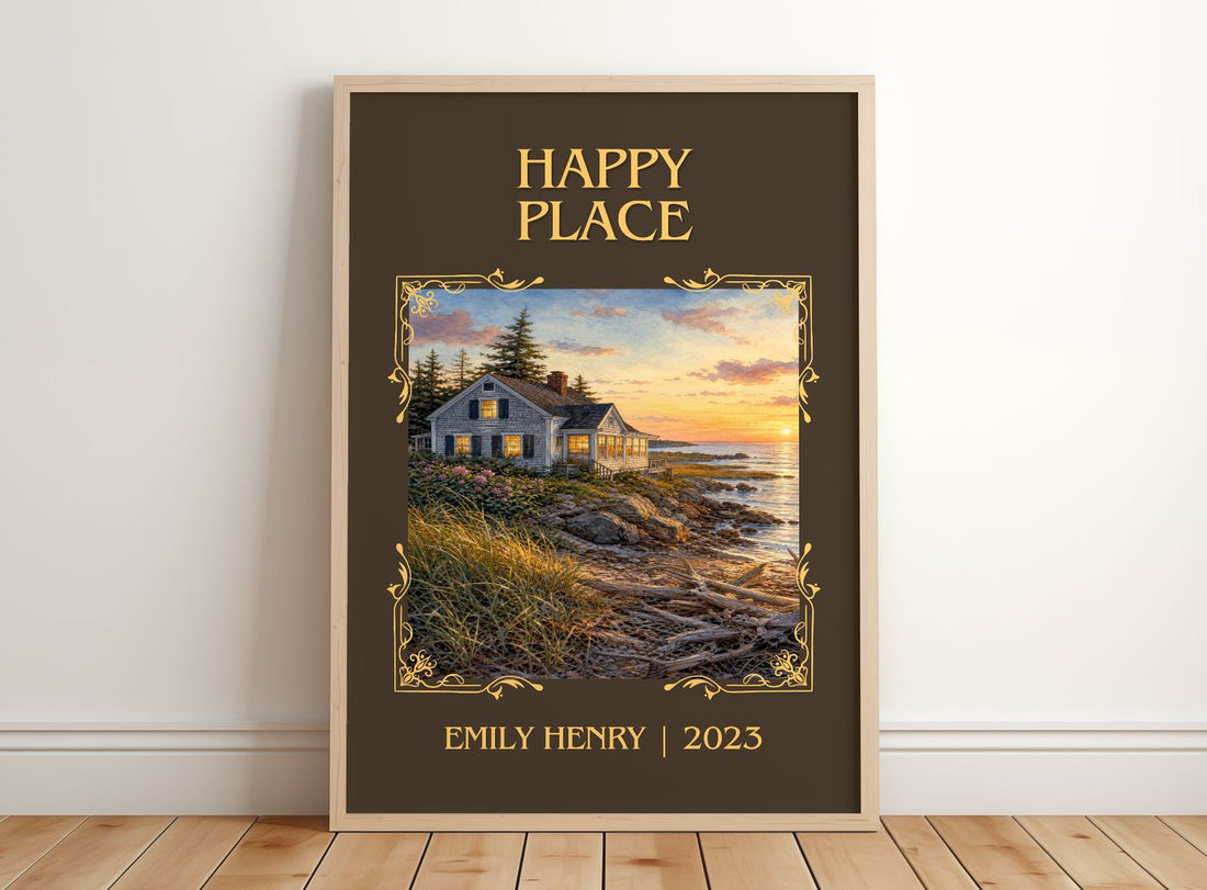 Happy Place Classic Book Art Print by Emily Henry – framed print leaning on a wooden floor