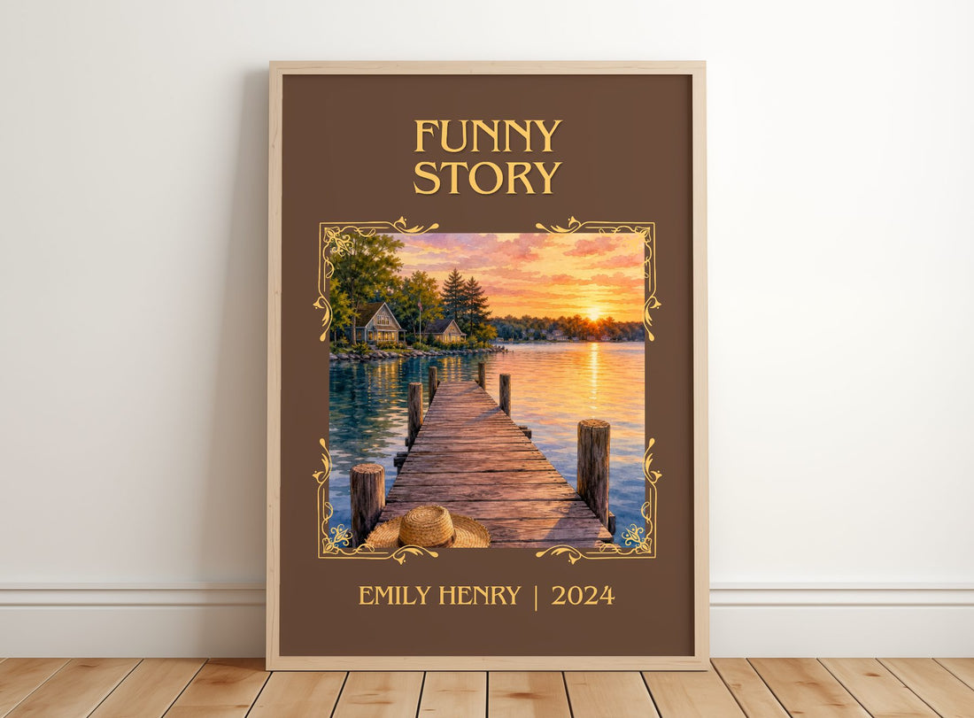 Funny Story Classic Book Art Print by Emily Henry – framed print leaning on a wooden floor