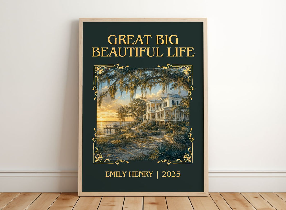 Great Big Beautiful Life Classic Book Art Print by Emily Henry – framed print leaning on a wooden floor