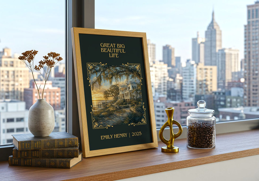 Great Big Beautiful Life Classic Book Art Print by Emily Henry – framed print on a city-view windowsill