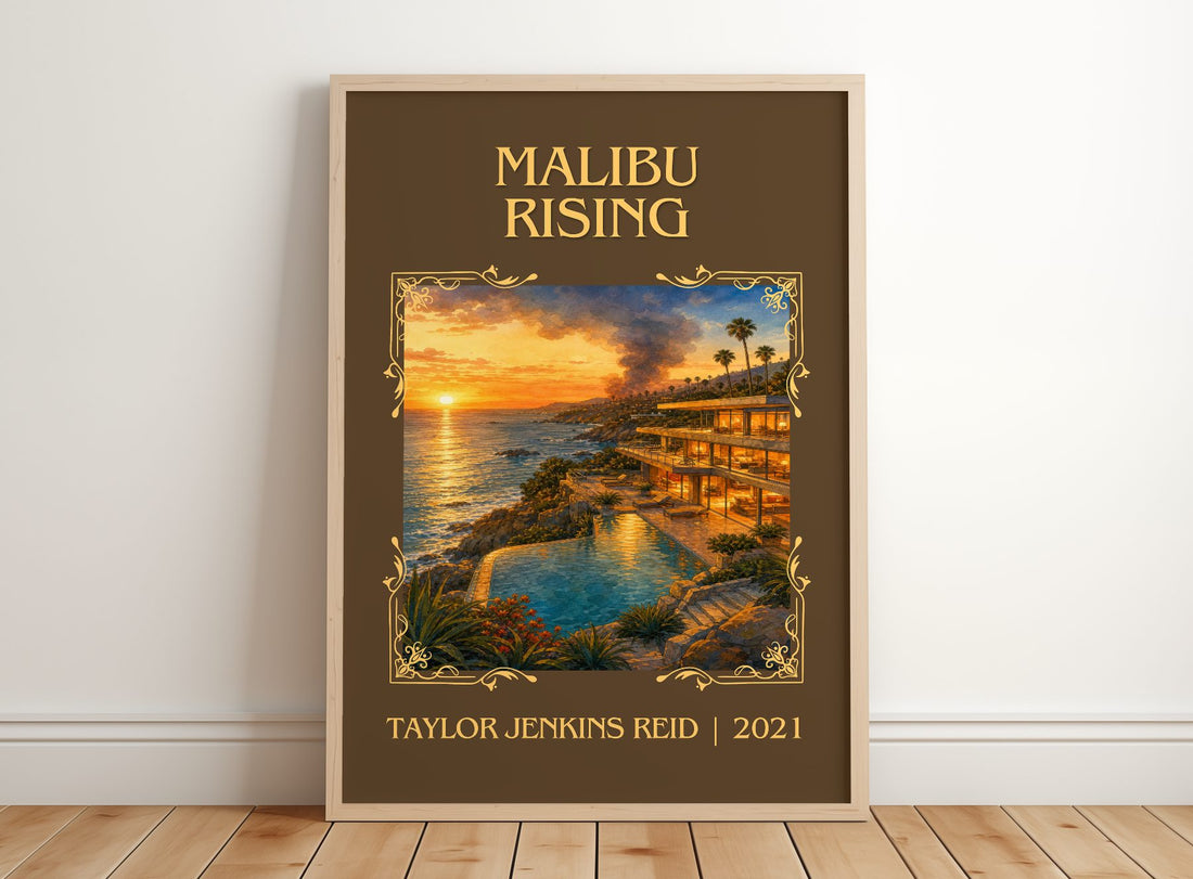 Malibu Rising Classic Book Art Print by Taylor Jenkins Reid – framed print leaning on a wooden floor