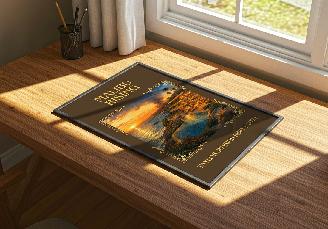 Malibu Rising Classic Book Art Print by Taylor Jenkins Reid – print on a sunlit desk