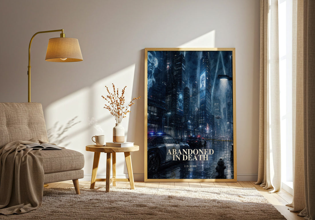 Abandoned In Death watercolour print in frame leaning in hallway – mystery wall art (mockup)
