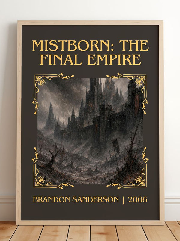 Mistborn: The Final Empire Classic Book Art Print by Brandon Sanderson – framed print leaning on a wooden floor