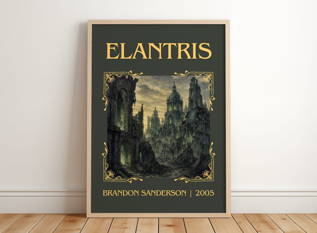 Elantris Classic Book Art Print by Brandon Sanderson – framed print leaning on a wooden floor