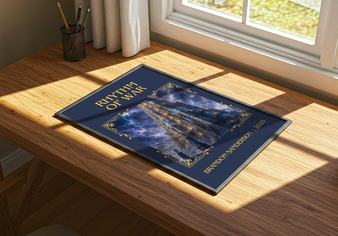 Rhythm of War Classic Book Art Print by Brandon Sanderson – print on a sunlit desk