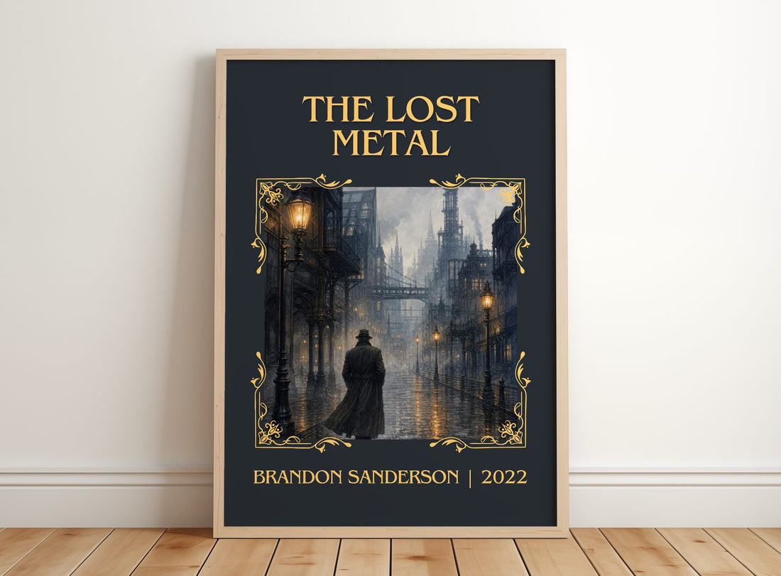 The Lost Metal Classic Book Art Print by Brandon Sanderson – framed print leaning on a wooden floor