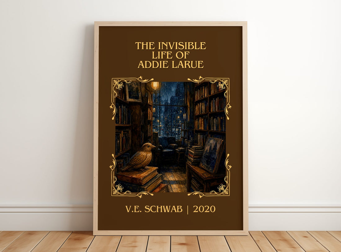 Invisible Life of Addie LaRue Classic Book Art Print by V.E. Schwab – framed print leaning on a wooden floor