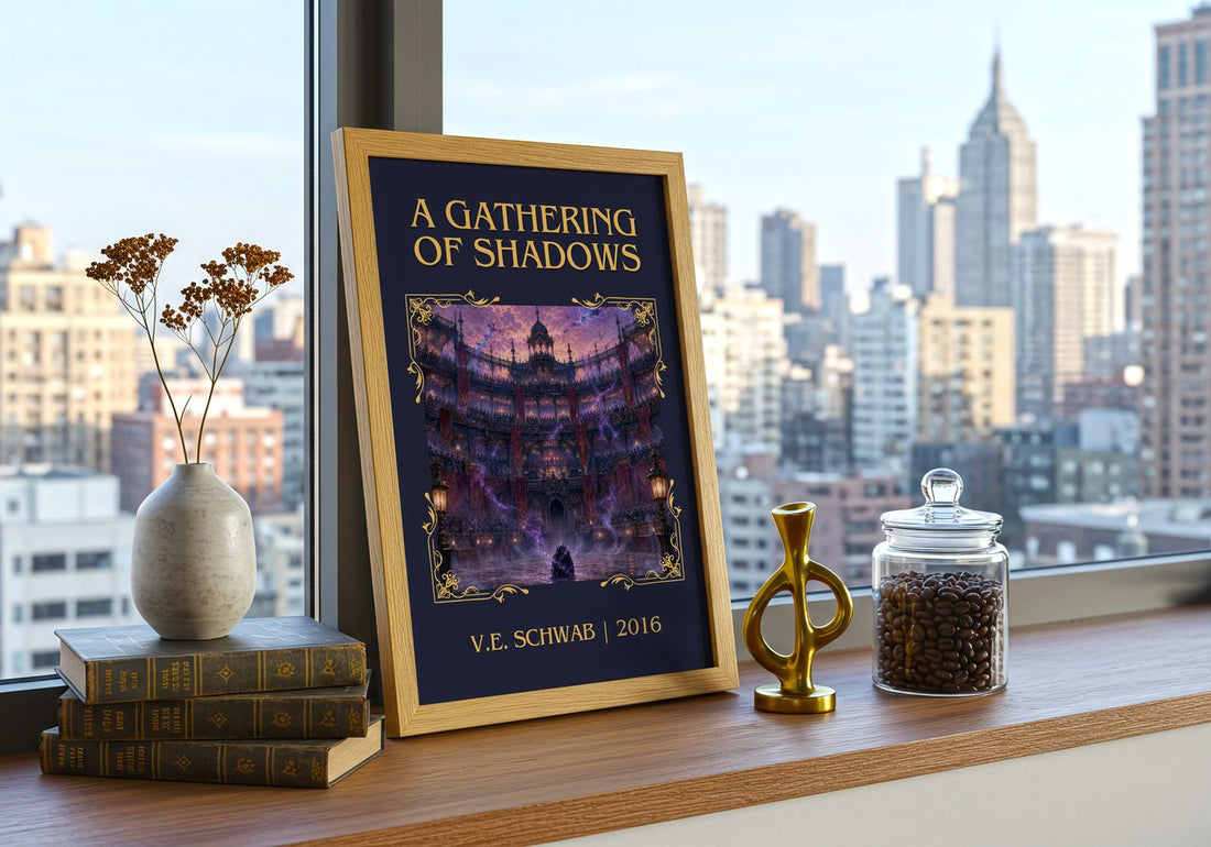 A Gathering of Shadows Classic Book Art Print by V.E. Schwab – framed print on a city-view windowsill