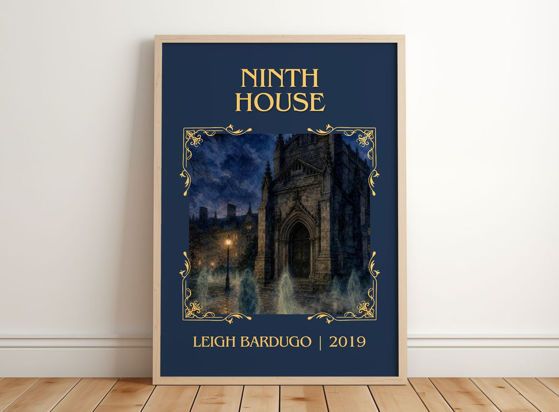 Ninth House Classic Book Art Print by Leigh Bardugo – framed print leaning on a wooden floor