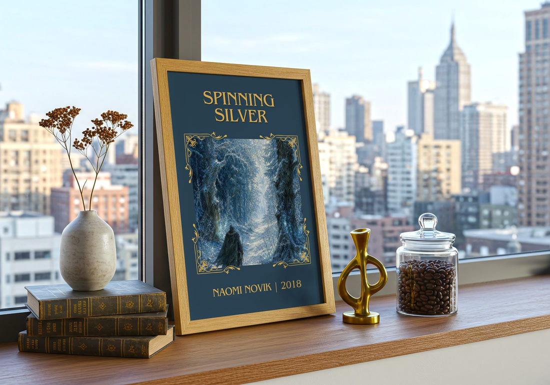 Spinning Silver Classic Book Art Print by Naomi Novik – framed print on a city-view windowsill