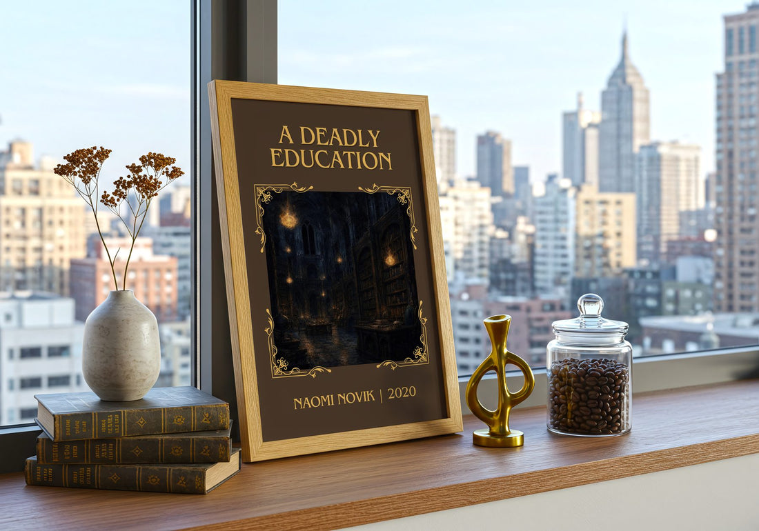 A Deadly Education Classic Book Art Print by Naomi Novik – framed print on a city-view windowsill