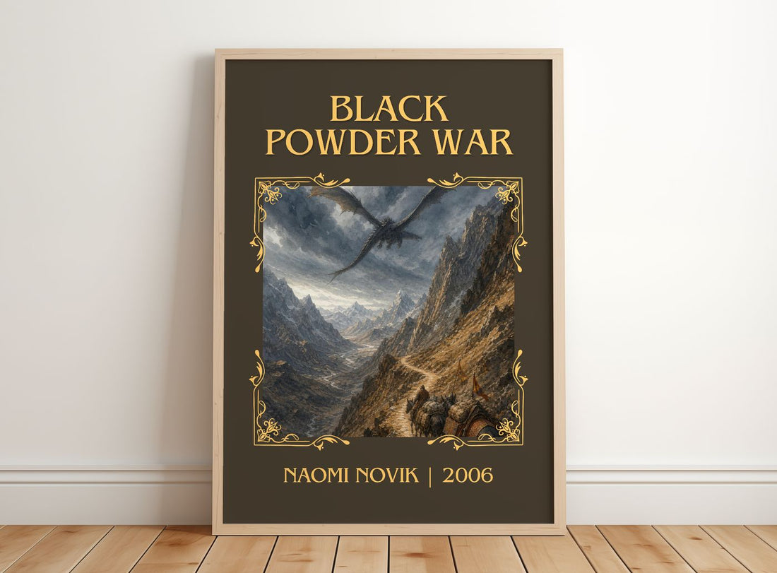Black Powder War Classic Book Art Print by Naomi Novik – framed print leaning on a wooden floor