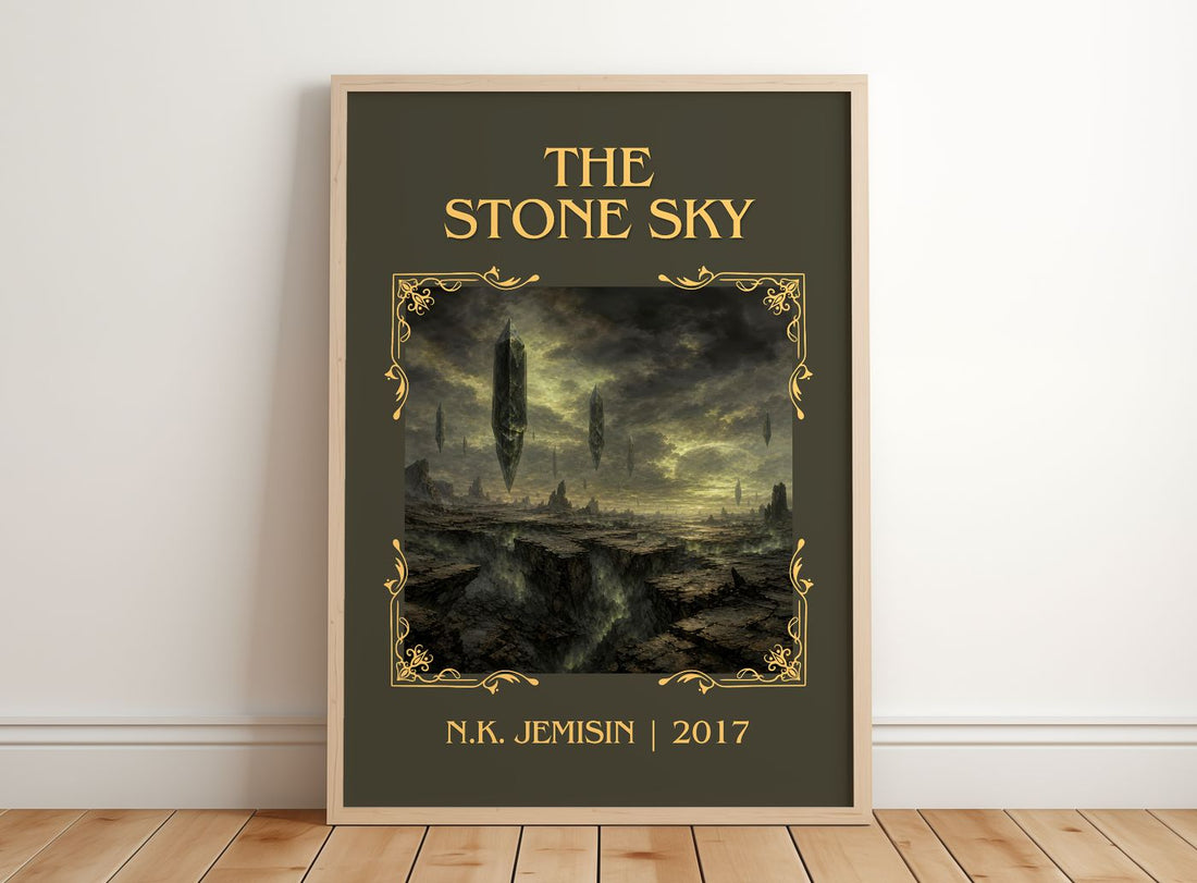 The Stone Sky Classic Book Art Print by N.K. Jemisin – framed print leaning on a wooden floor