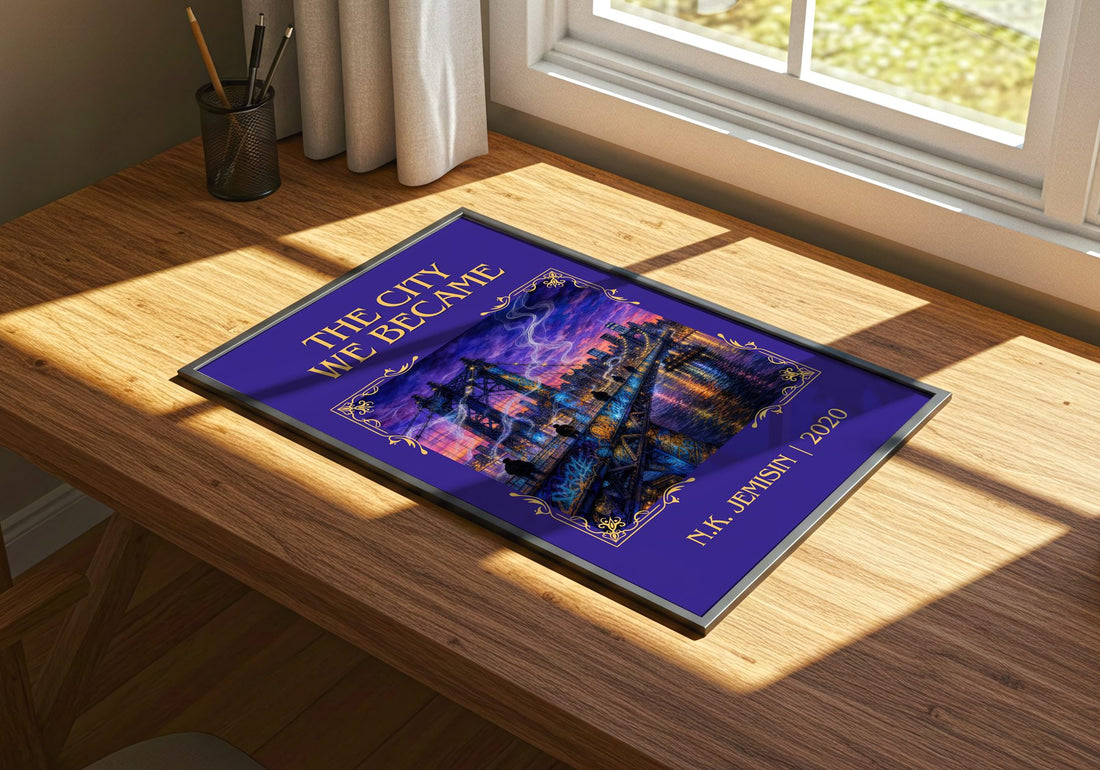 The City We Became Classic Book Art Print by N.K. Jemisin – print on a sunlit desk