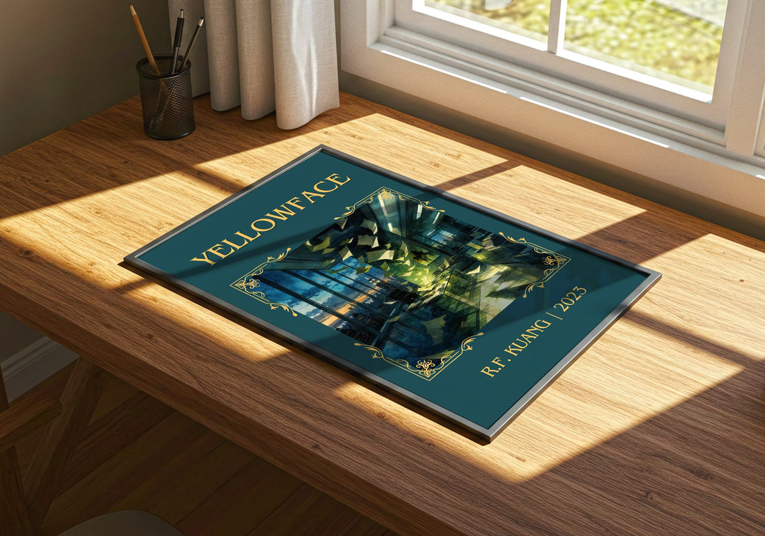 Yellowface Classic Book Art Print by R.F. Kuang – print on a sunlit desk