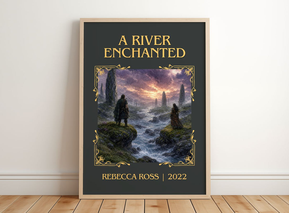 A River Enchanted Classic Book Art Print by Rebecca Ross – framed print leaning on a wooden floor