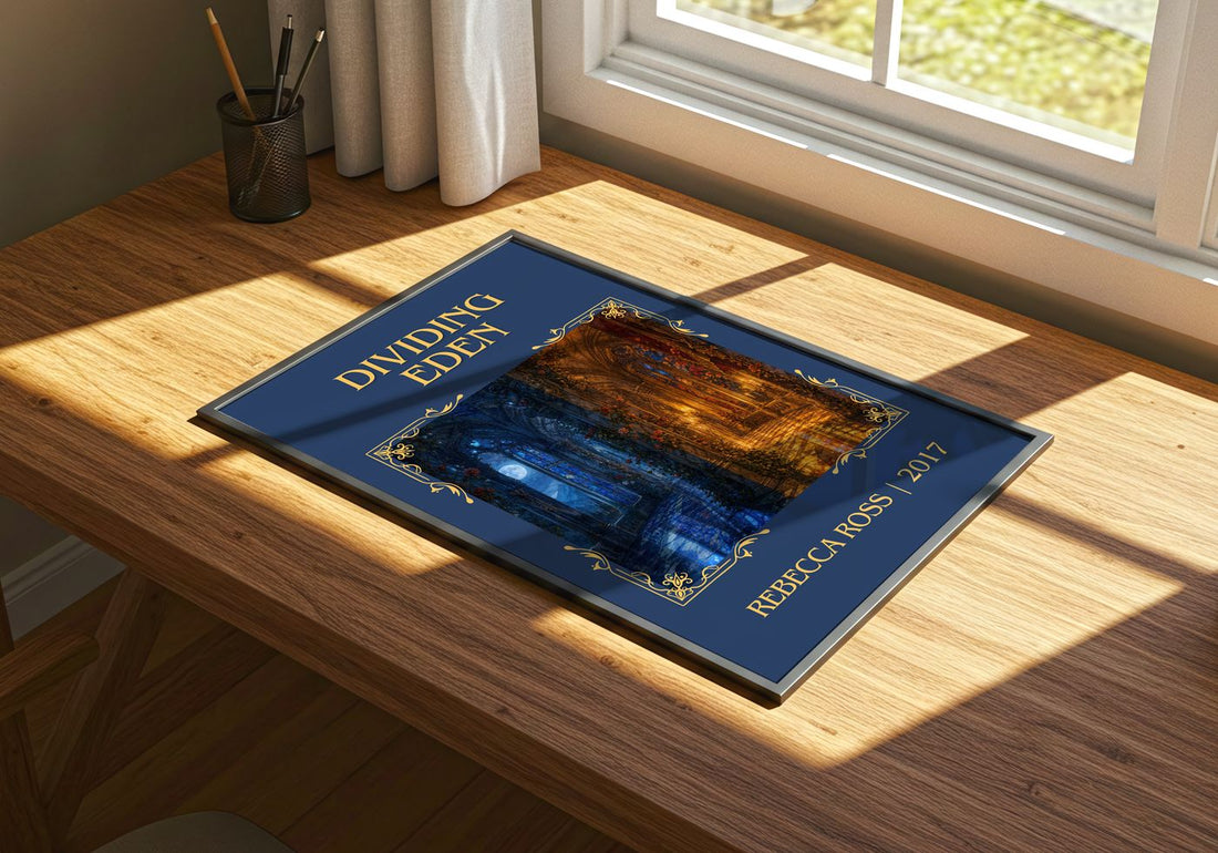 Dividing Eden Classic Book Art Print by Rebecca Ross – print on a sunlit desk