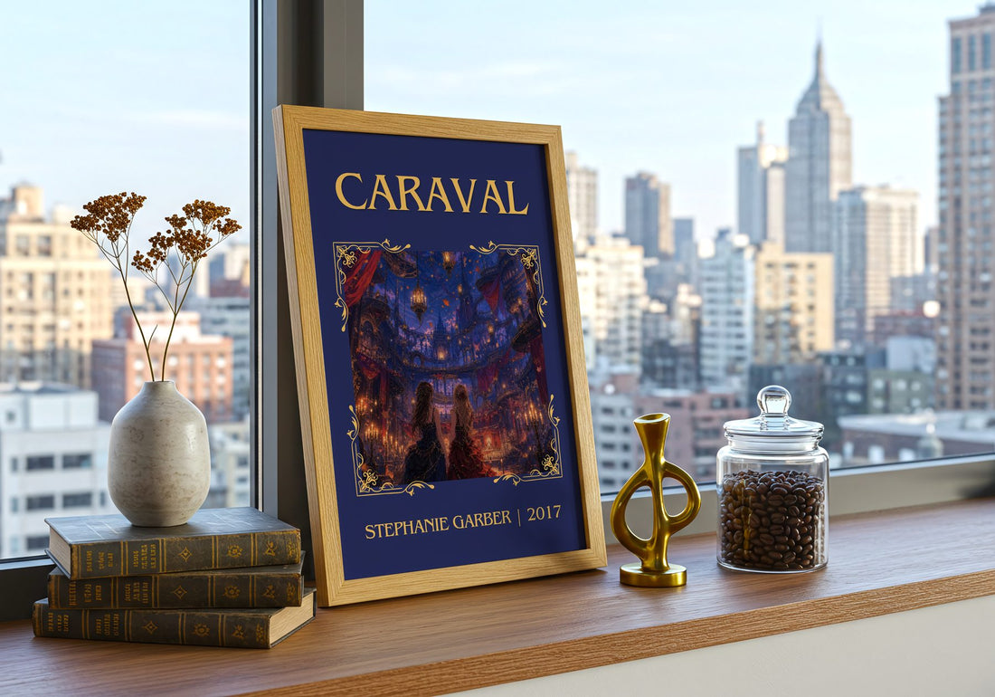 Caraval Classic Book Art Print by Stephanie Garber – framed print on a city-view windowsill