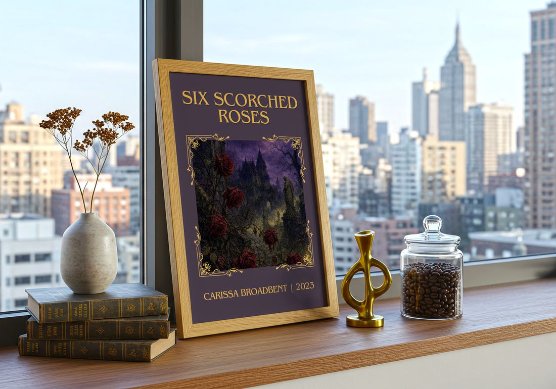 Six Scorched Roses Classic Book Art Print by Carissa Broadbent – framed print on a city-view windowsill