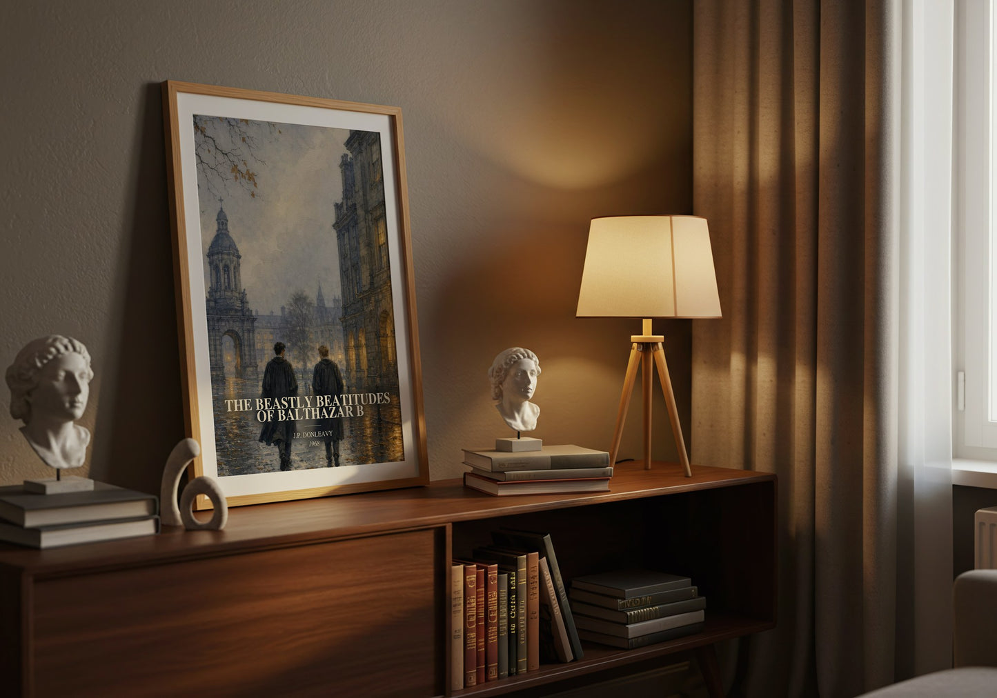 The Beastly Beatitudes Of Balthazar B watercolour print on bookshelf – J.P. Donleavy fan gift