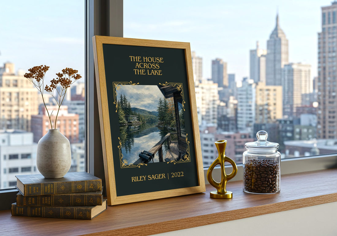 The House Across the Lake Classic Book Art Print by Riley Sager – framed print on a city-view windowsill