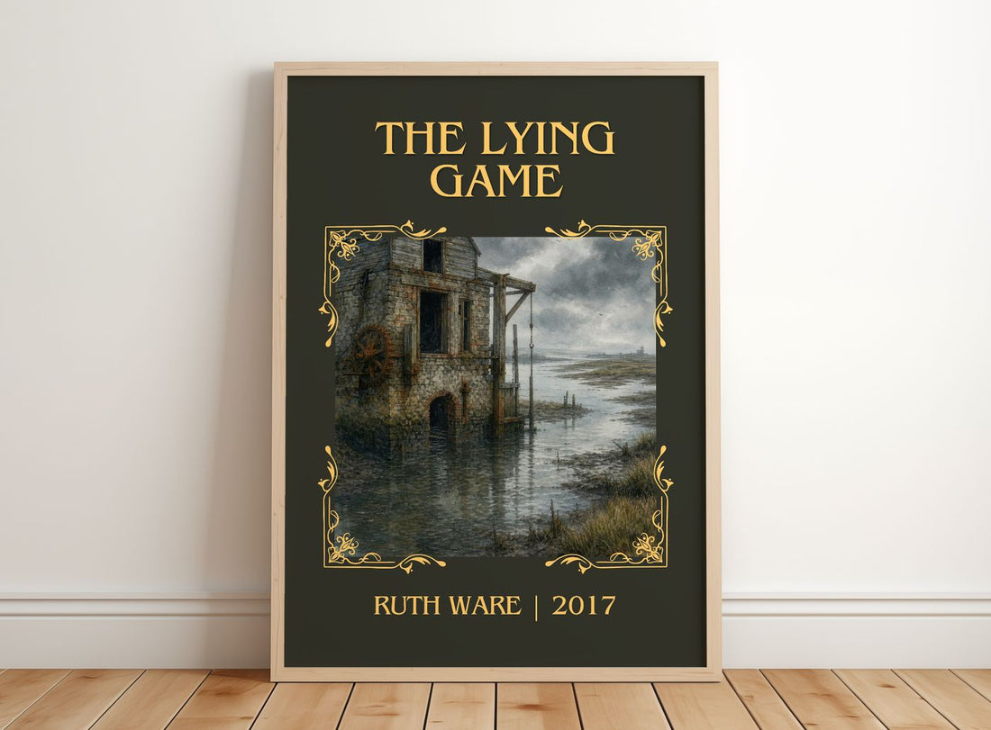 The Lying Game Classic Book Art Print by Ruth Ware – framed print leaning on a wooden floor