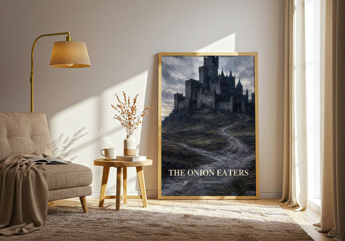 The Onion Eaters watercolour print in frame leaning in hallway – satire wall art (mockup)