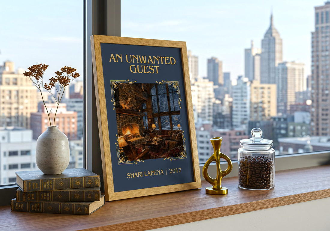 An Unwanted Guest Classic Book Art Print by Shari Lapena – framed print on a city-view windowsill