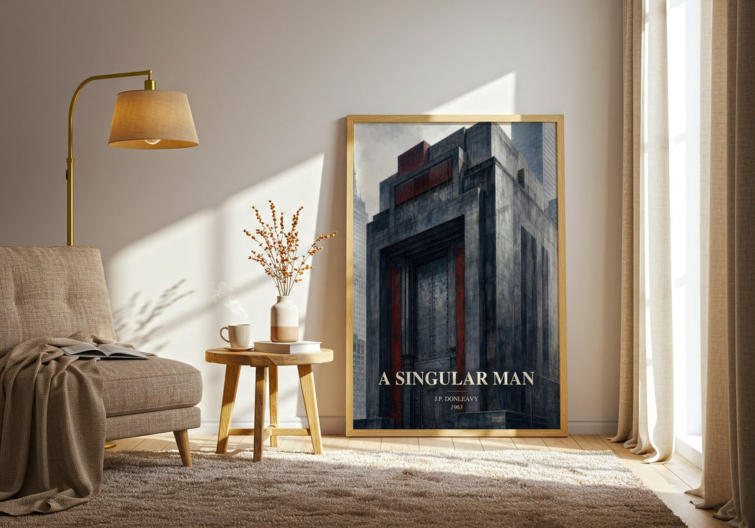 A Singular Man watercolour print in frame leaning in hallway – literary fiction wall art (mockup)