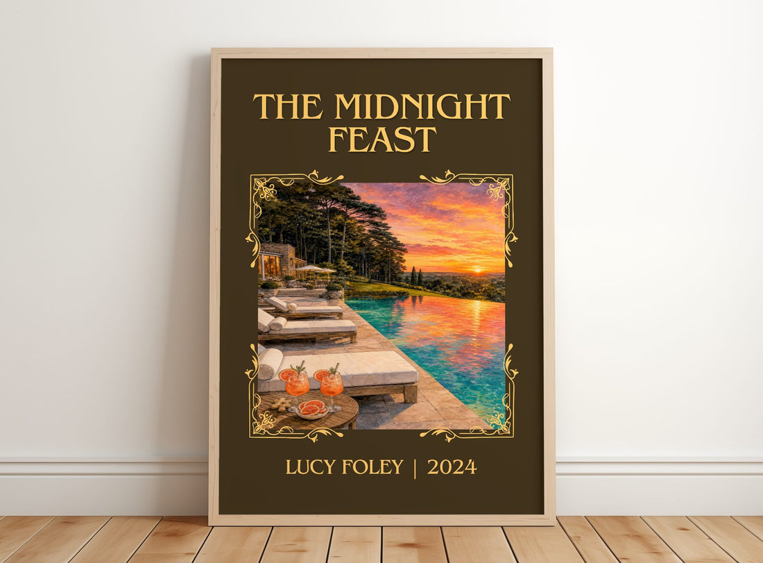 The Midnight Feast Classic Book Art Print by Lucy Foley – framed print leaning on a wooden floor