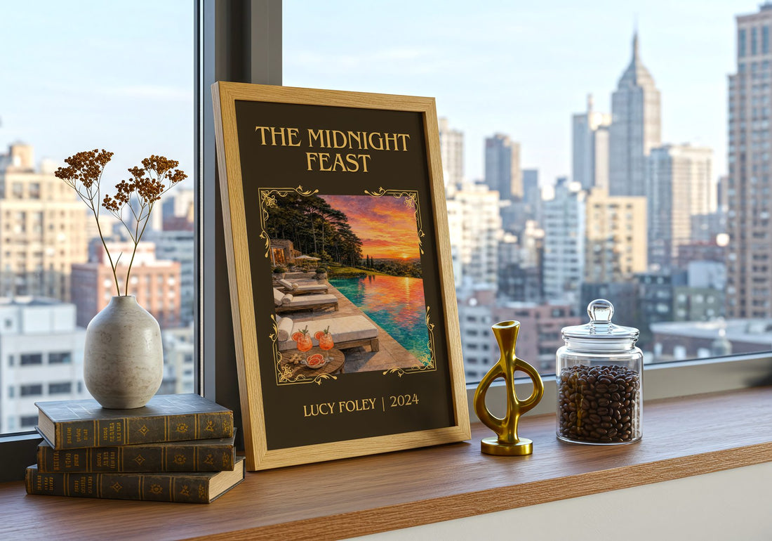 The Midnight Feast Classic Book Art Print by Lucy Foley – framed print on a city-view windowsill
