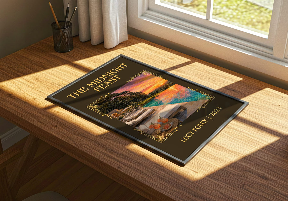 The Midnight Feast Classic Book Art Print by Lucy Foley – print on a sunlit desk