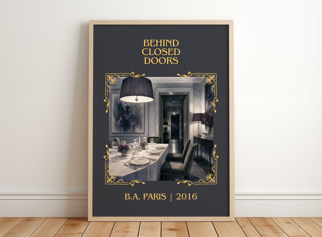 Behind Closed Doors Classic Book Art Print by B.A. Paris – framed print leaning on a wooden floor