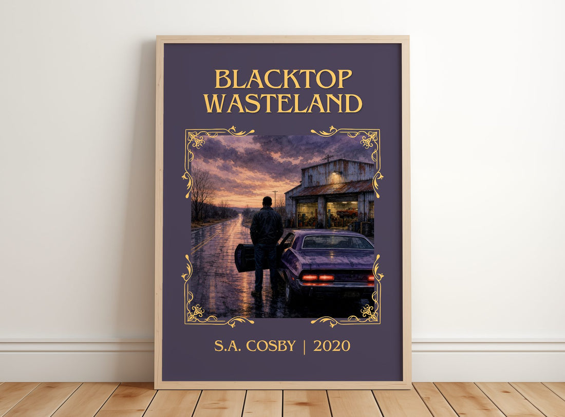Blacktop Wasteland Classic Book Art Print by S.A. Cosby – framed print leaning on a wooden floor